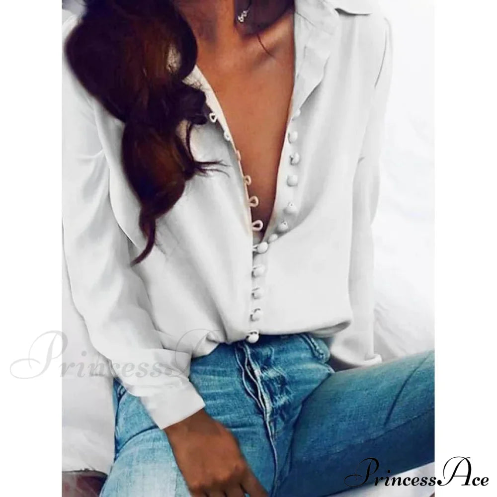 Blouse Blouse Women's - Neck Arm Solid V Long Button with Basic Colored Tops