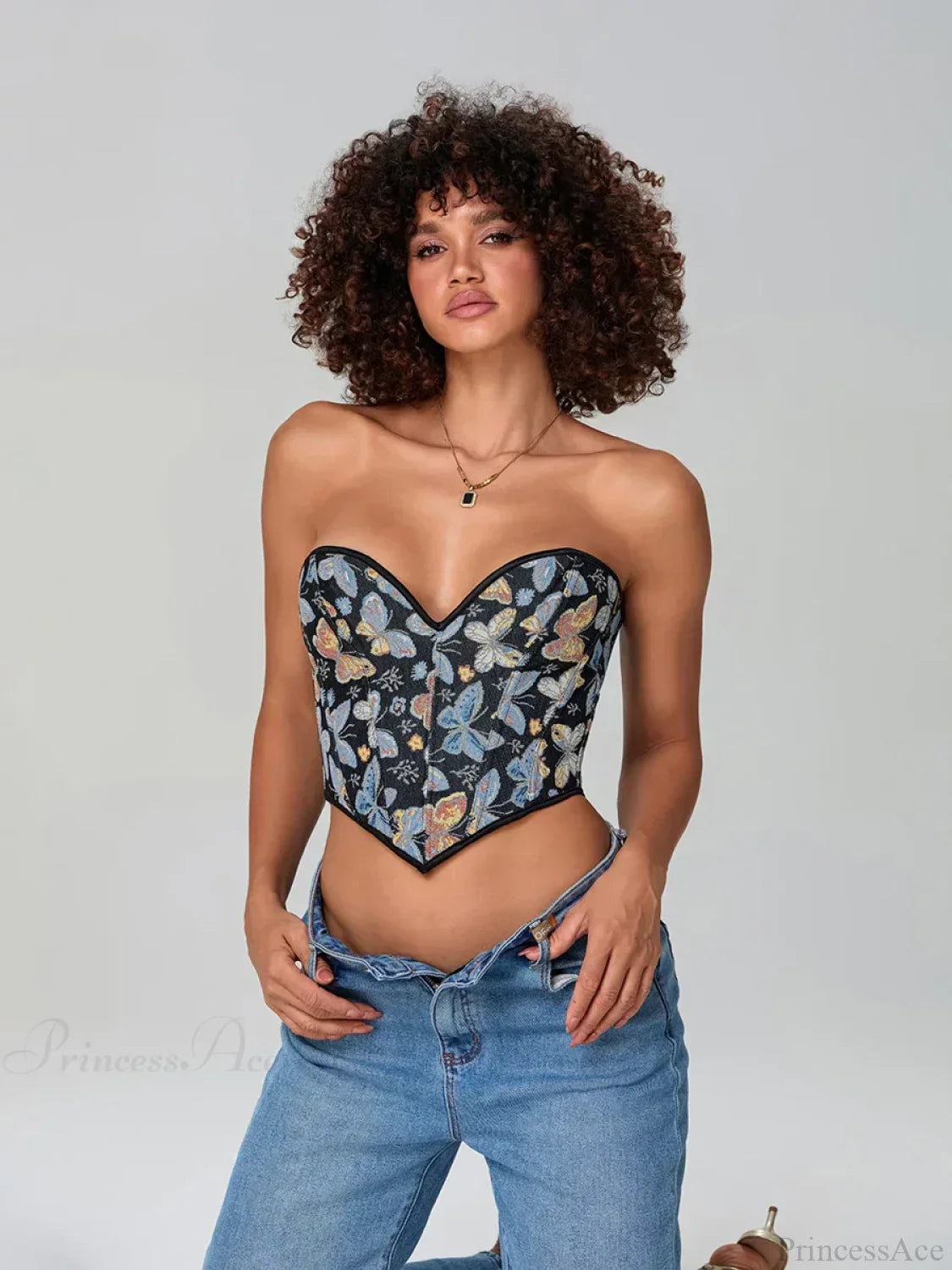 Butterfly Print Strapless Bandage Off-shoulder Corset
