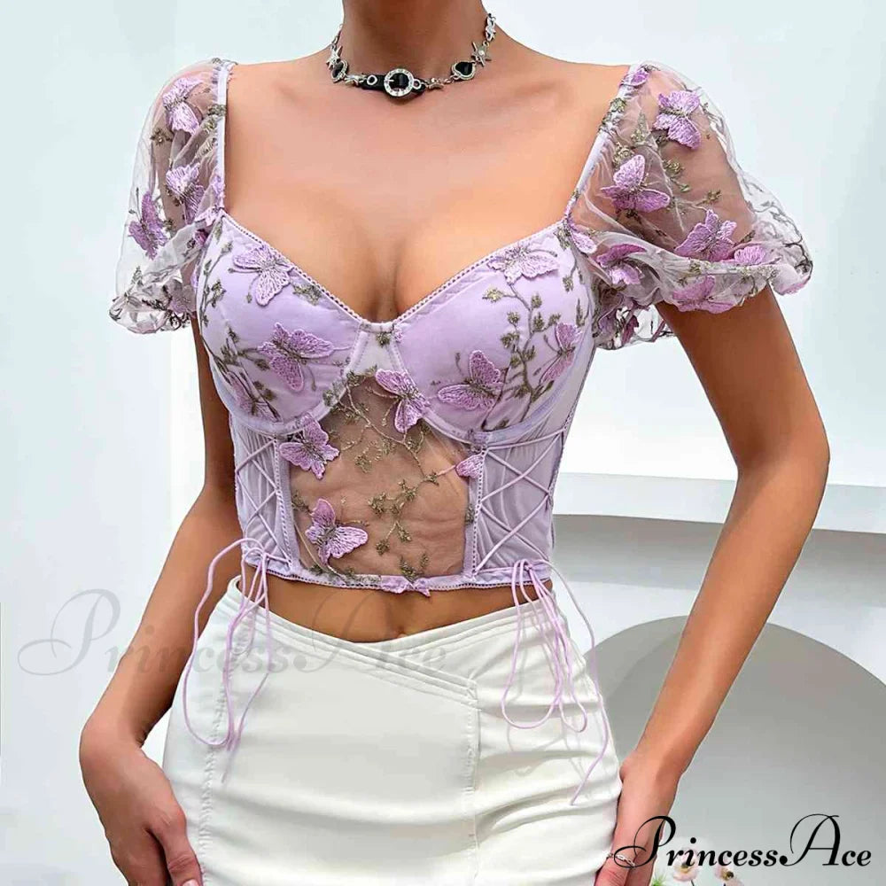 Butterfly Whispers Embroidery Charming Mesh Corset Top