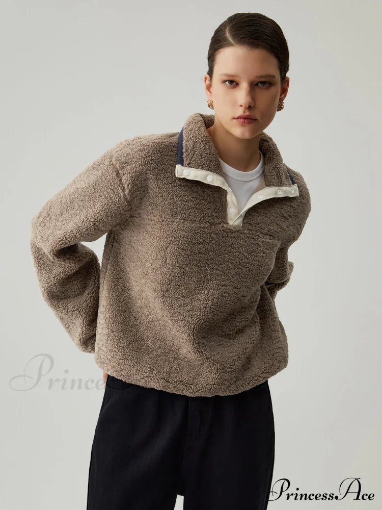 Button Down Collar Trendy Contrast Trim Sherpa Sweater