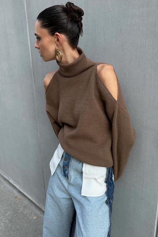 Off-Shoulder Turtleneck Knit Sweater