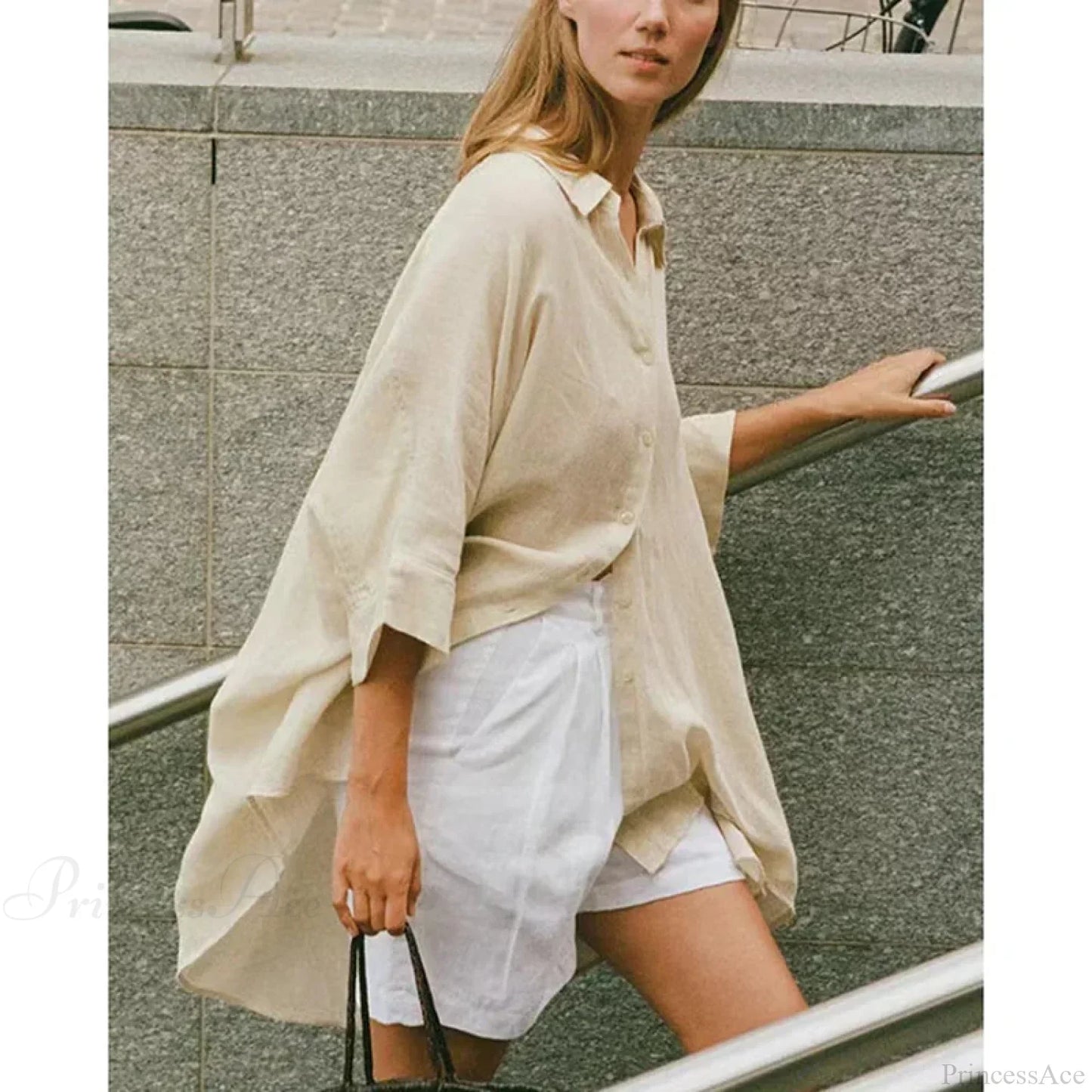 Casual Loose White Button-up Half Sleeve Blouse