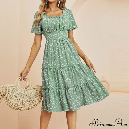 Casual Short Sleeve Square Collar Ruffles Chiffon Dress
