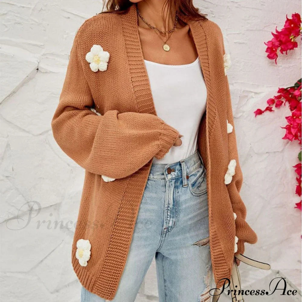 Casual with 3D Flower Cardigan Decoration