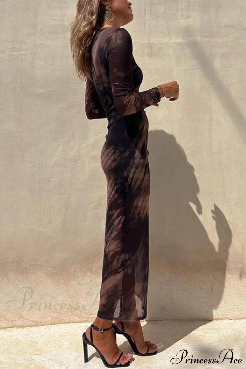 Charm Lady Mesh Overlay Tie Dye Modern Print Long Sleeve Ruched Stretch Midi Dress