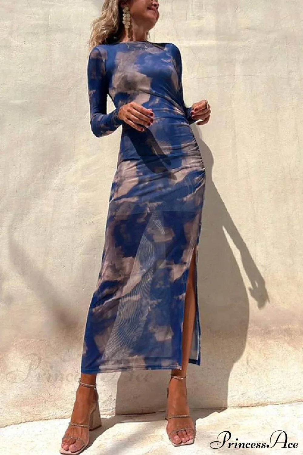 Charm Lady Mesh Overlay Tie Dye Modern Print Long Sleeve Ruched Stretch Midi Dress