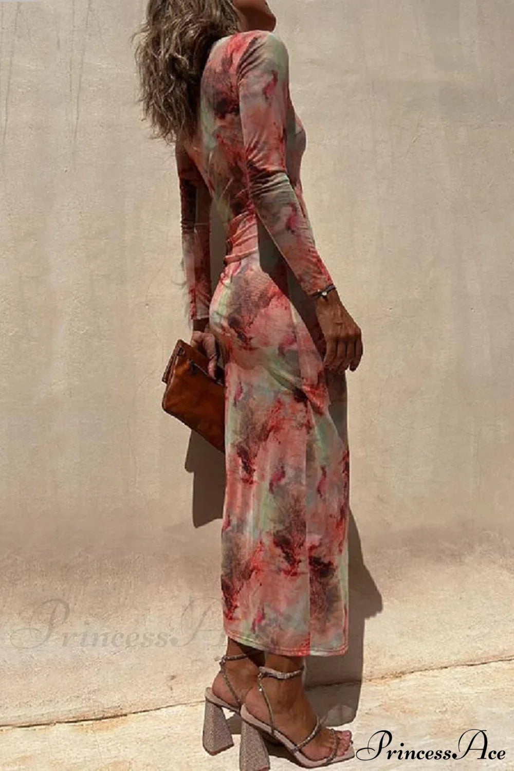 Charm Lady Mesh Overlay Tie Dye Modern Print Long Sleeve Ruched Stretch Midi Dress