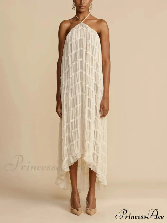 Charming Pleated Drawstring Waist Graceful Tiered Halterneck Midi Dress