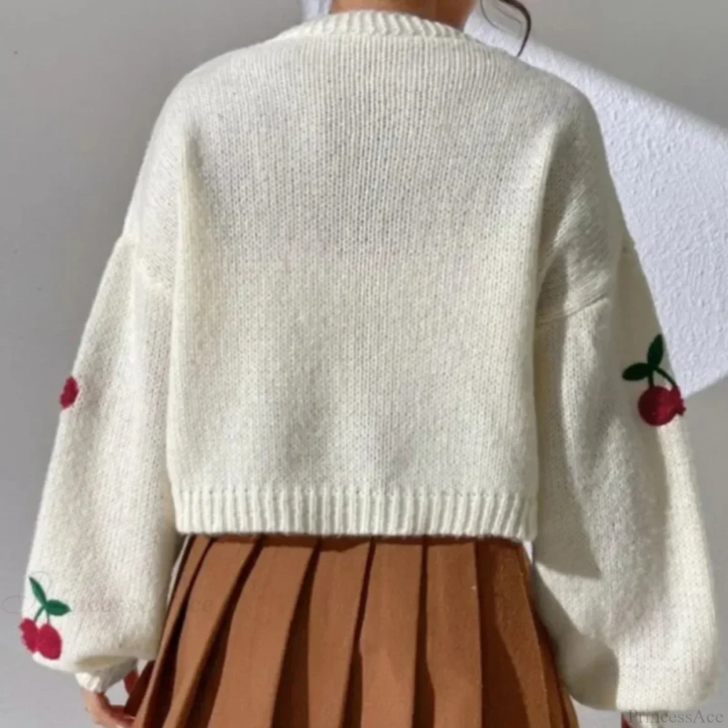 Cherry Embroidery Loose Long Sleeve Casual Knit Cardigan