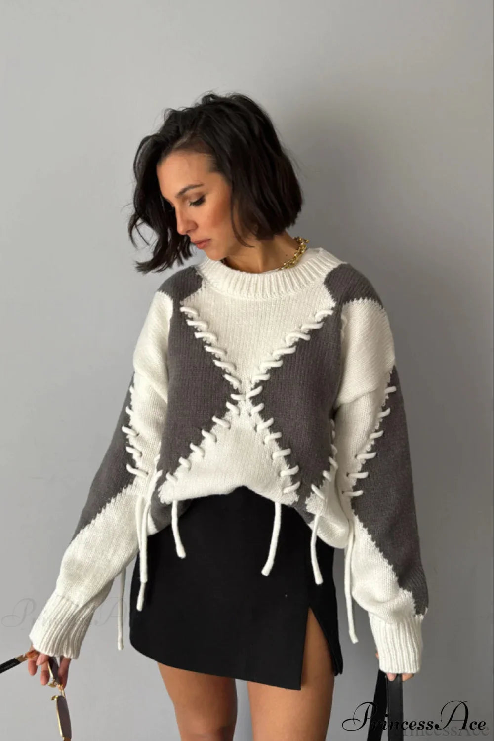 Colorblock Argyle Drawstring Crew Neck Knit Sweater