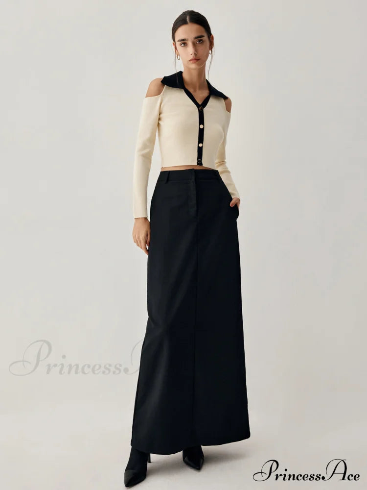 Colorblock Open Collar Cutout Modern Crop Long Sleeve Top
