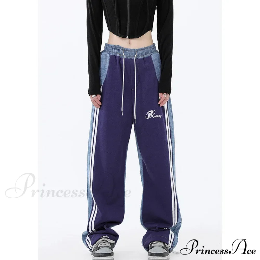 Contrast Color Women High Waist Straight Cropped High Street Drawstring Tie Up Sweatpants Cylinder Lady Wide Leg Jean