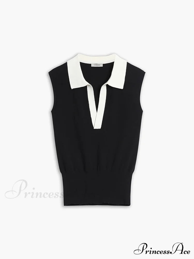 Contrast Trim Collar Trendy V-neck Knit Sweater Vest