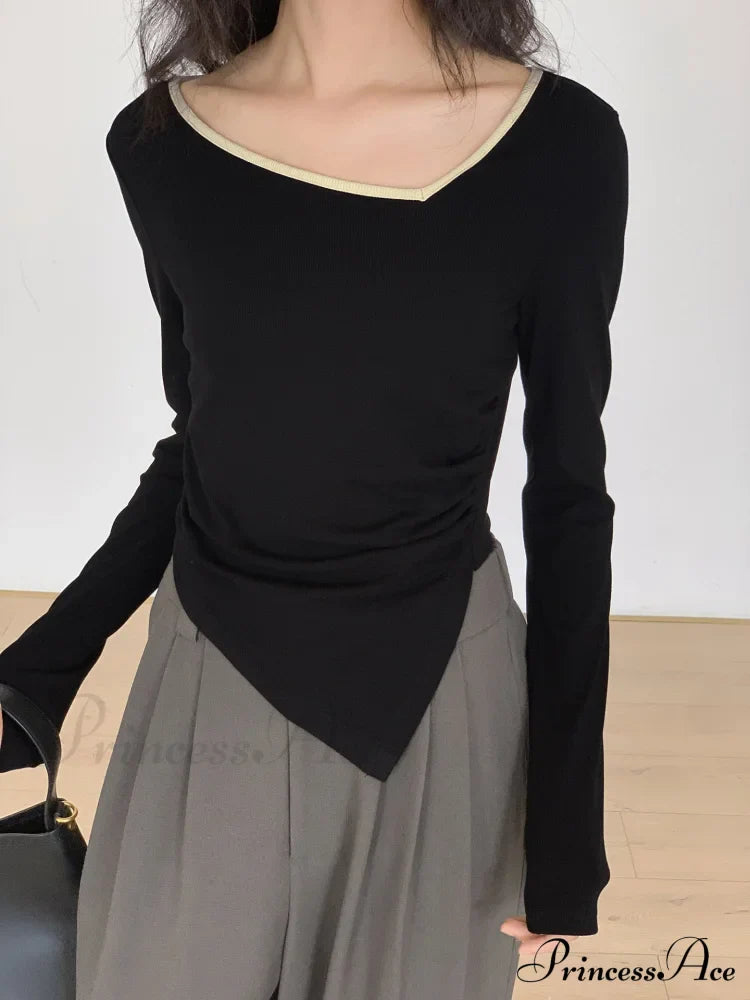 Contrast Trim Long Trendy Sleeve Asymmetrical Top