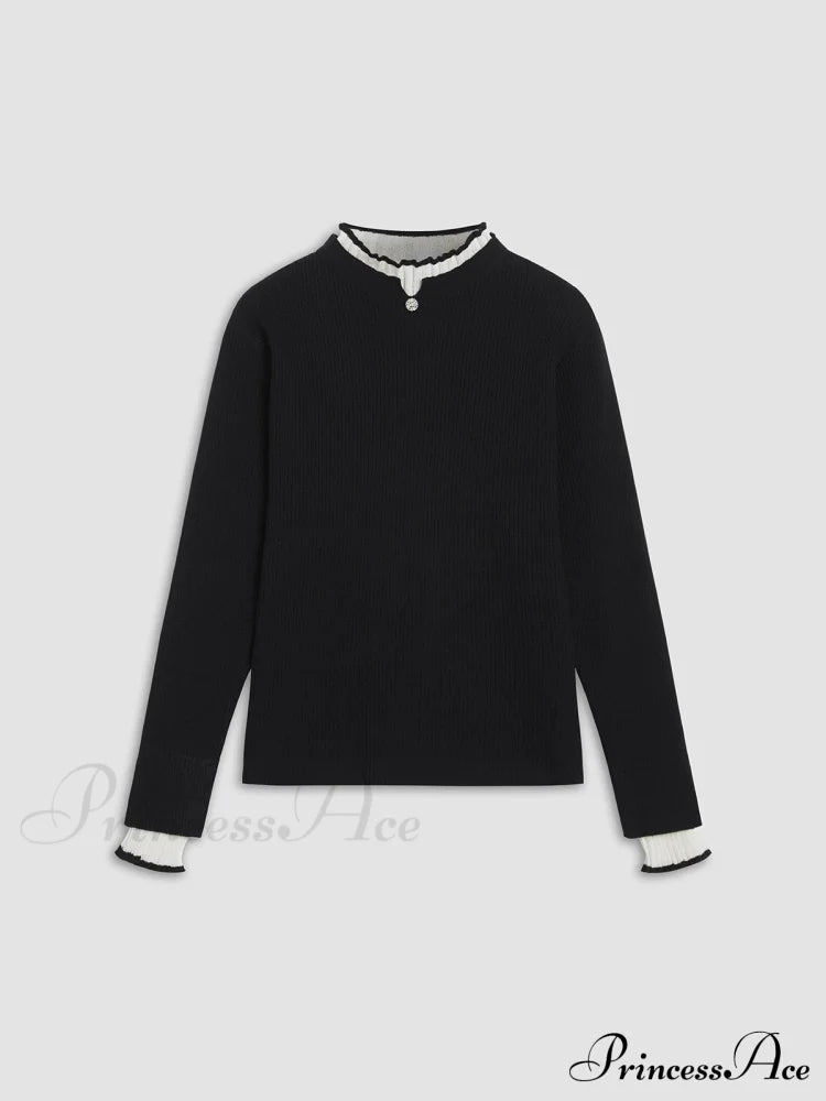 Contrast Trim Mock Trendy Neck Knit Top