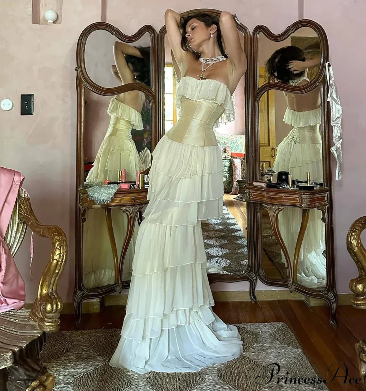 Corset Chiffon Frill Tiered Maxi Dress