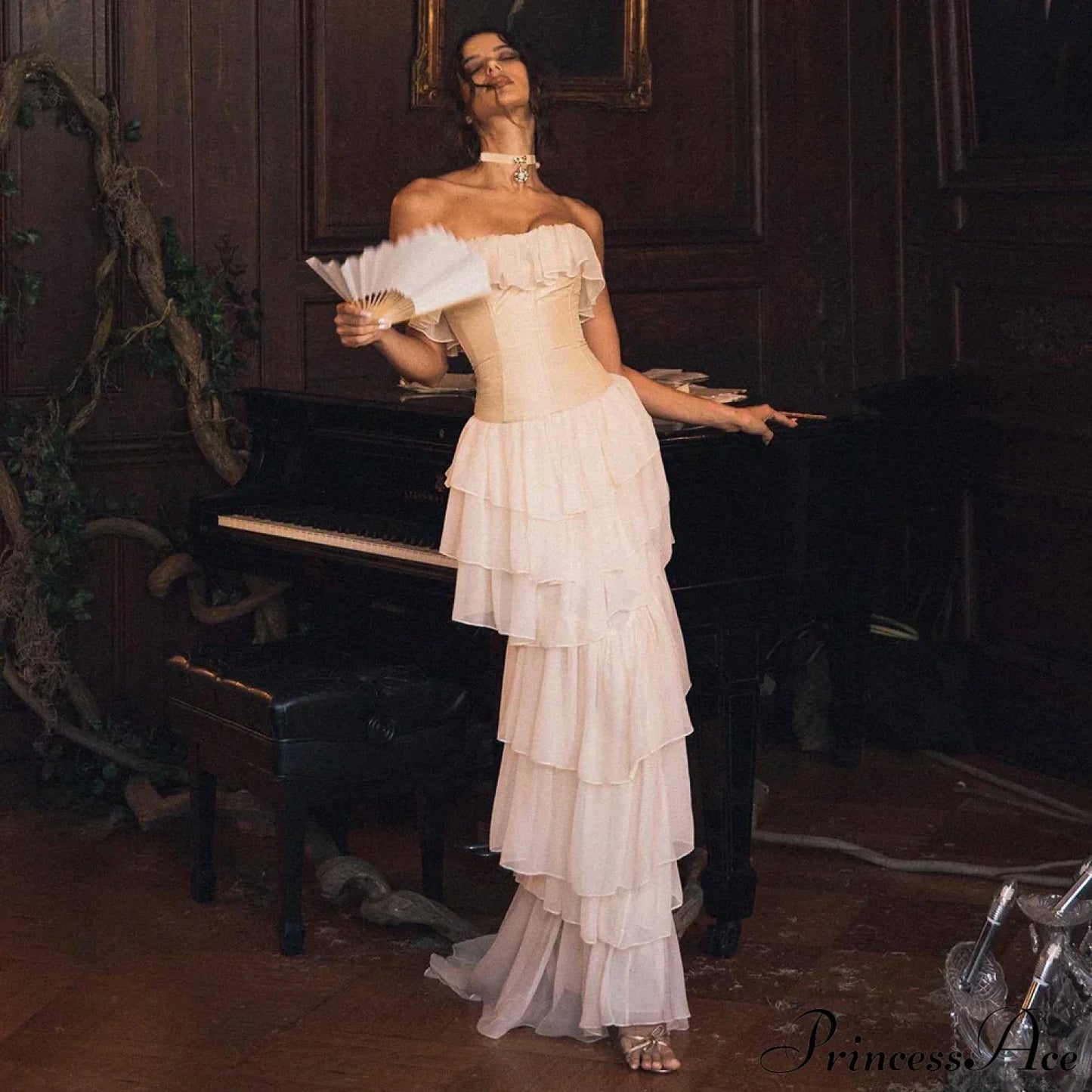 Corset Chiffon Frill Tiered Maxi Dress
