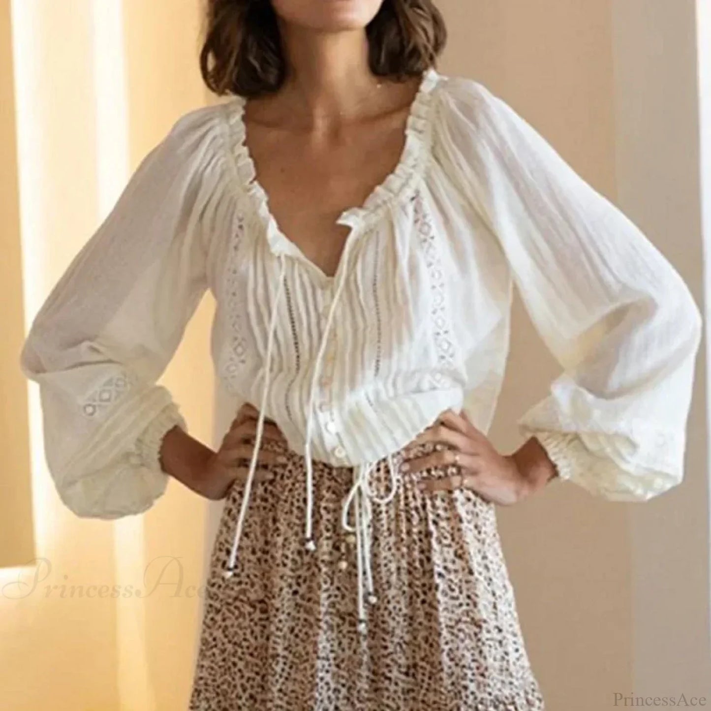 Cotton Floral Embroidery White Lace V-Neck Boho Blouse