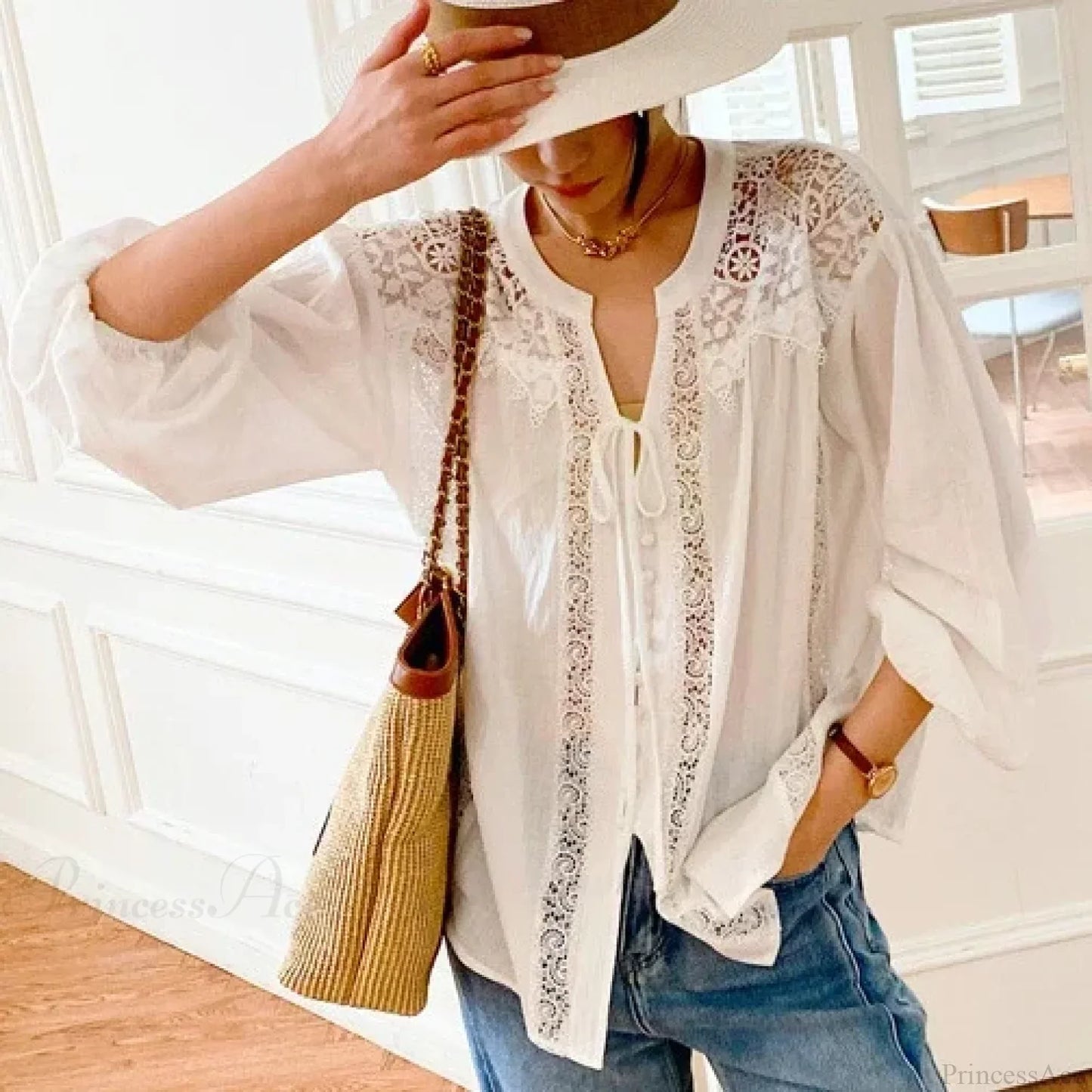 Cotton White Lace Lantern Sleeve Oversize Boho Blouse