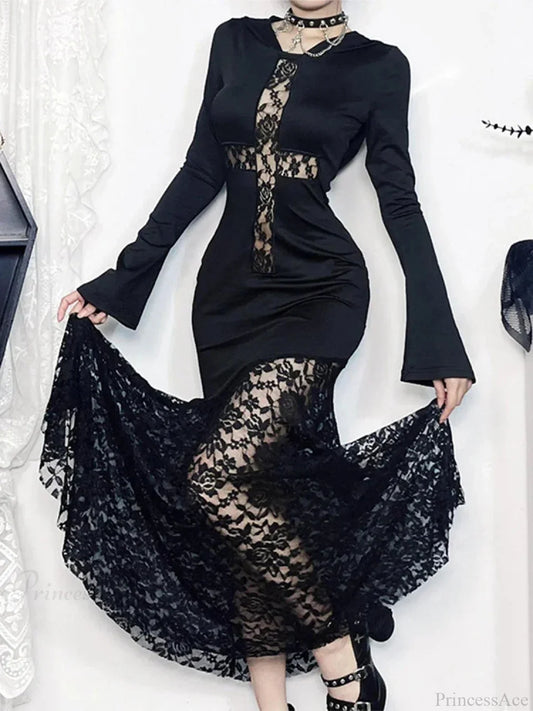 Covered Lace Cross Hollow Full-Length Dress