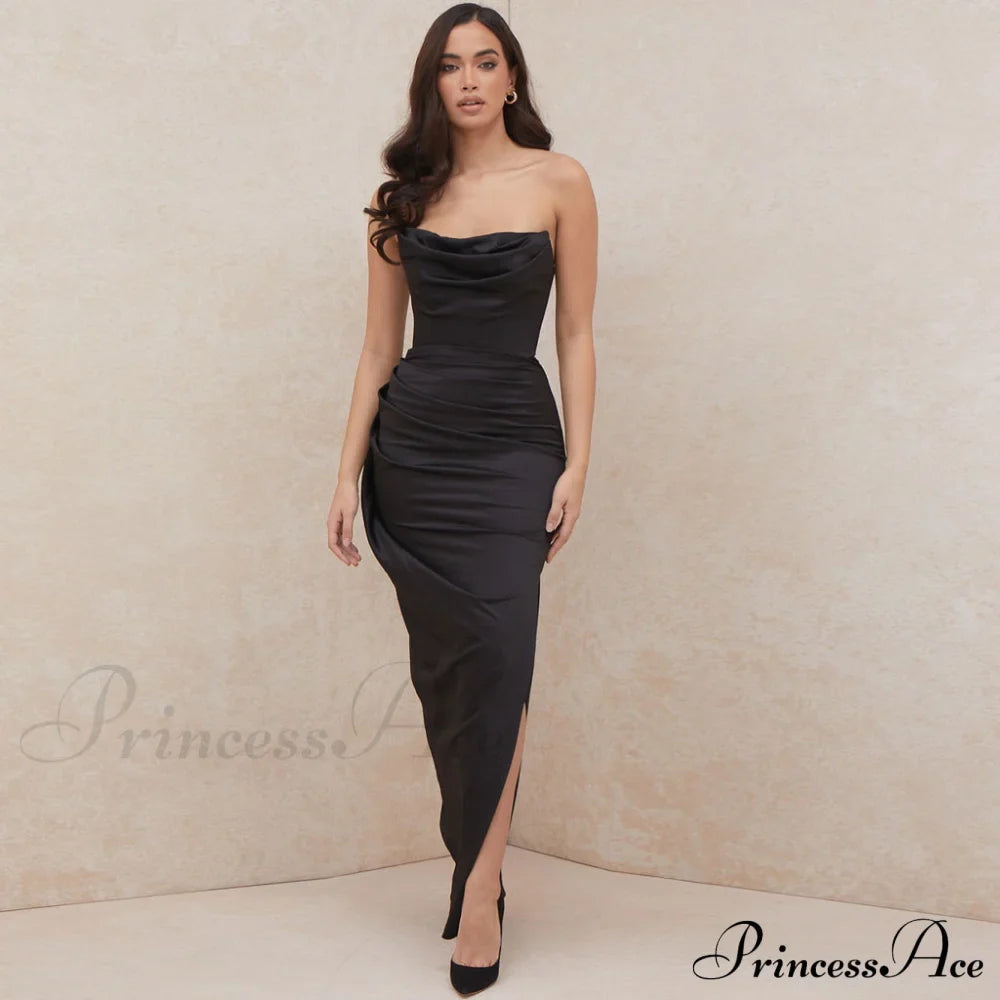 Cowl Neck Split Trendy Satin Maxi Dress