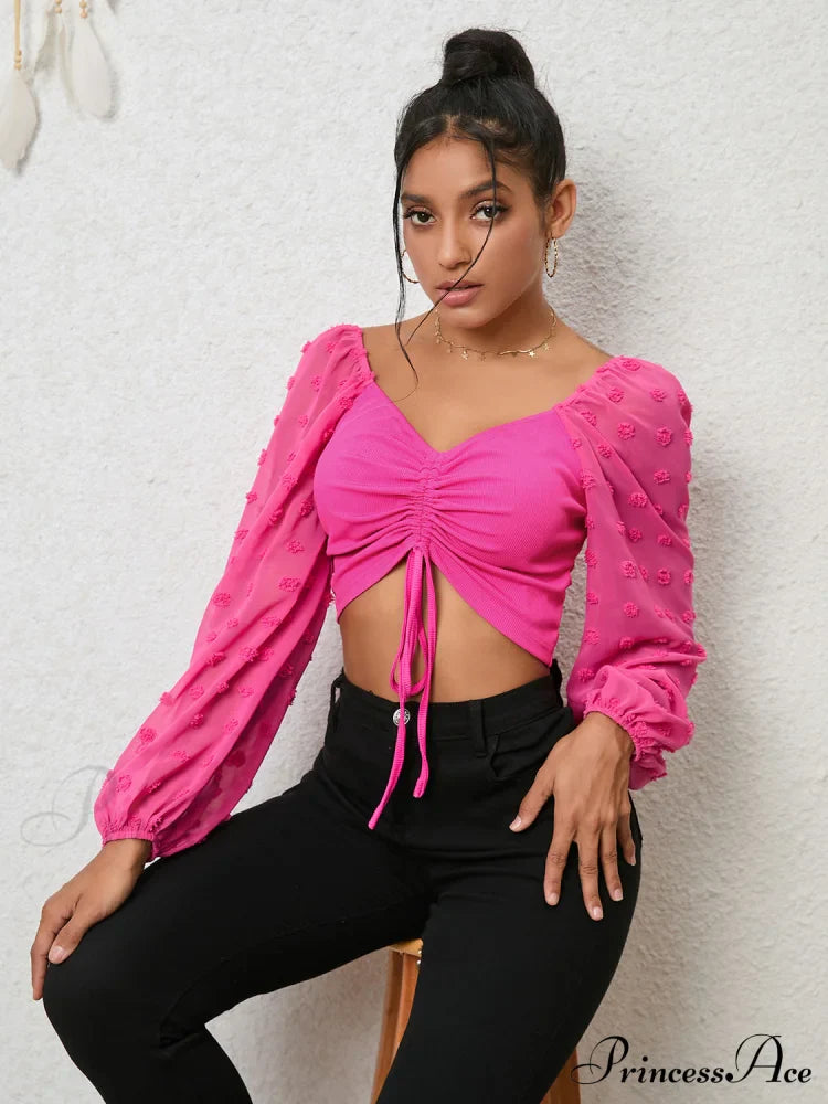 Cropped Blouse Crop Swiss Long Arm Drawstring Dot Top
