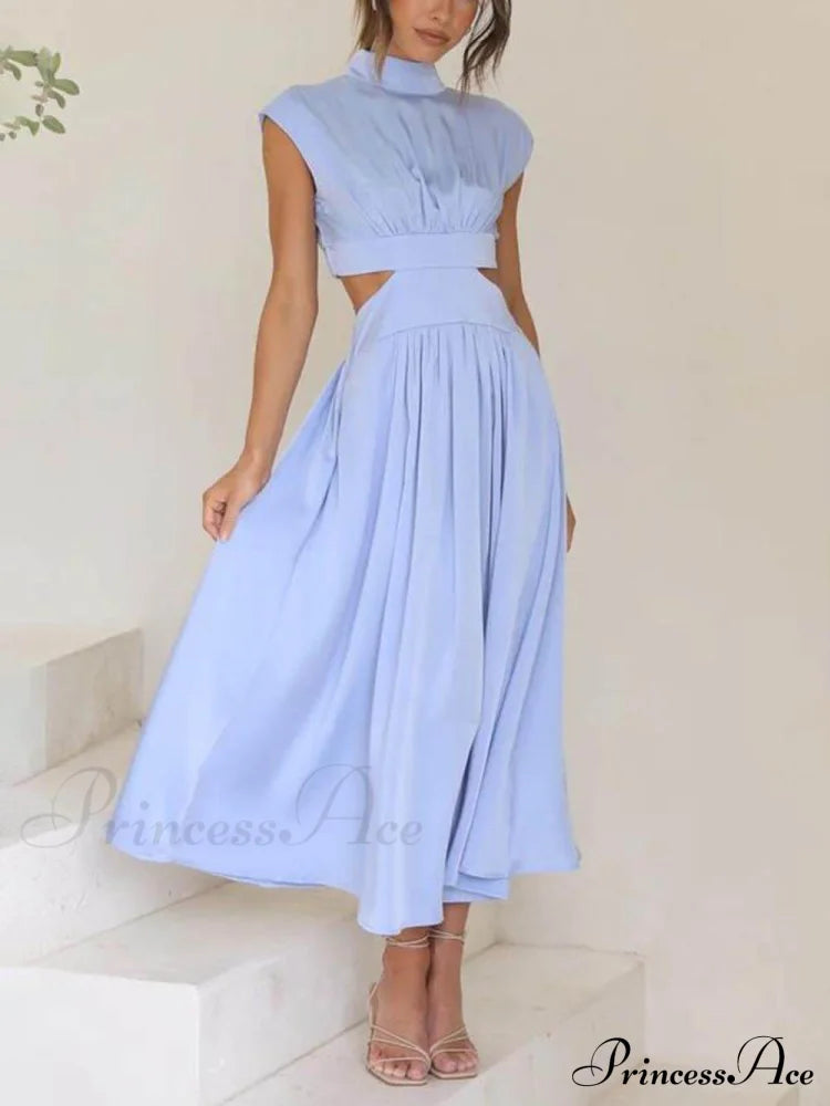 Cutout Waist Pocketed Charming Vacation Midi Dress