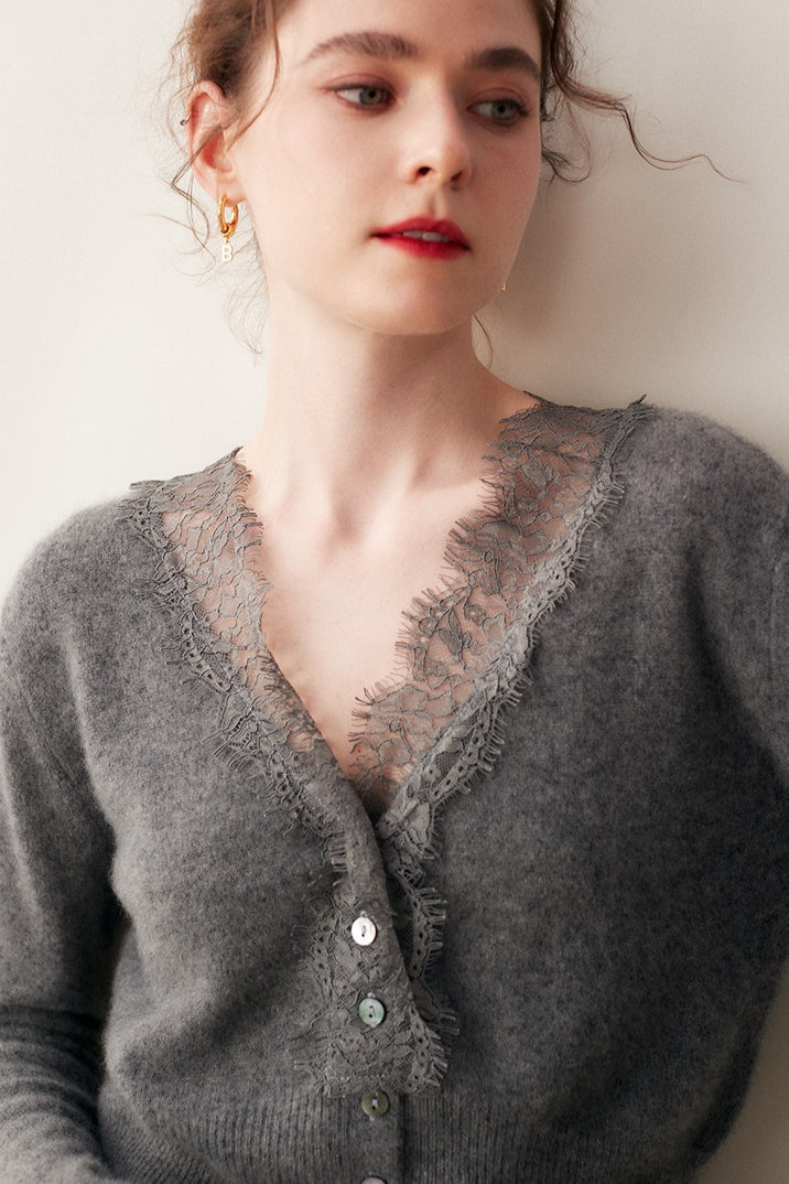 Cashmere Lace-Trimmed V-Neck Knit Cardigan