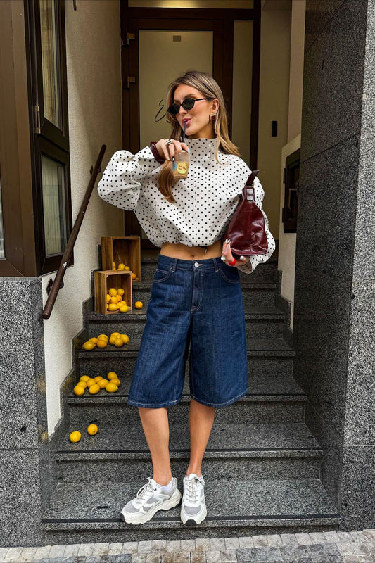 Polka Dot Drawstring Bomber Jacket