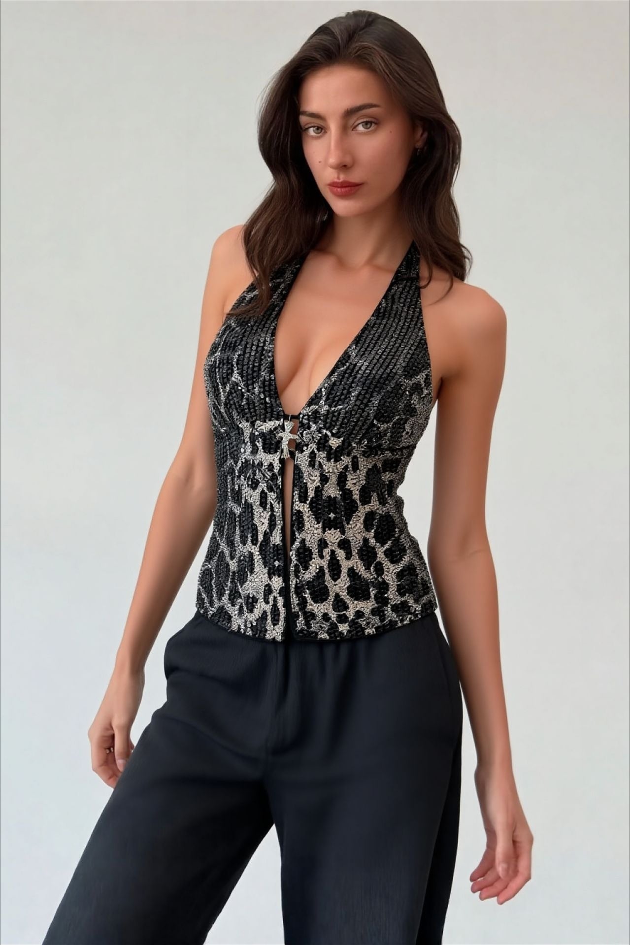 Leopard Print Sequin Deep V Sexy Vest