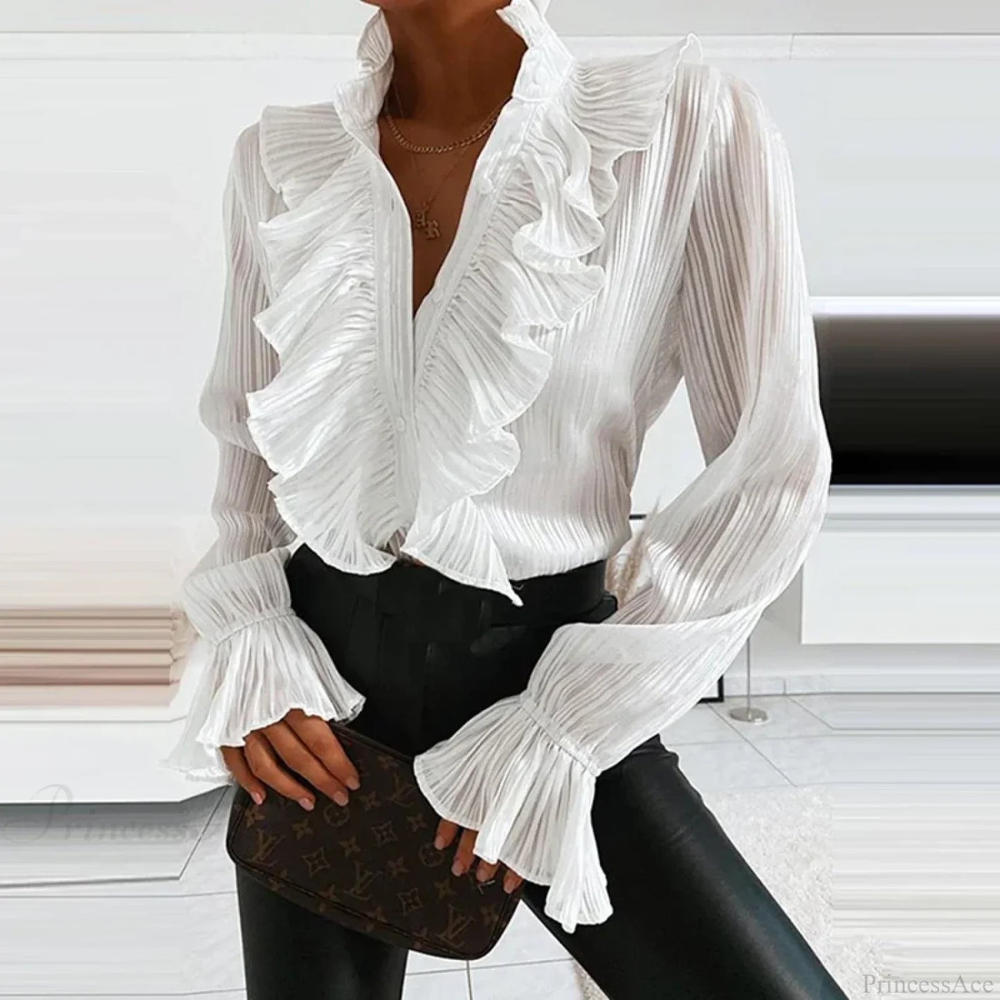 Denim Ruffled V Neck Pleated Blouse