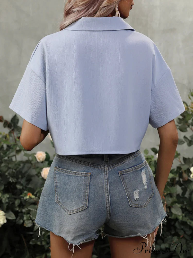 Down Front Color for Arm Button Blouse Brief Crop Solid Tie Women