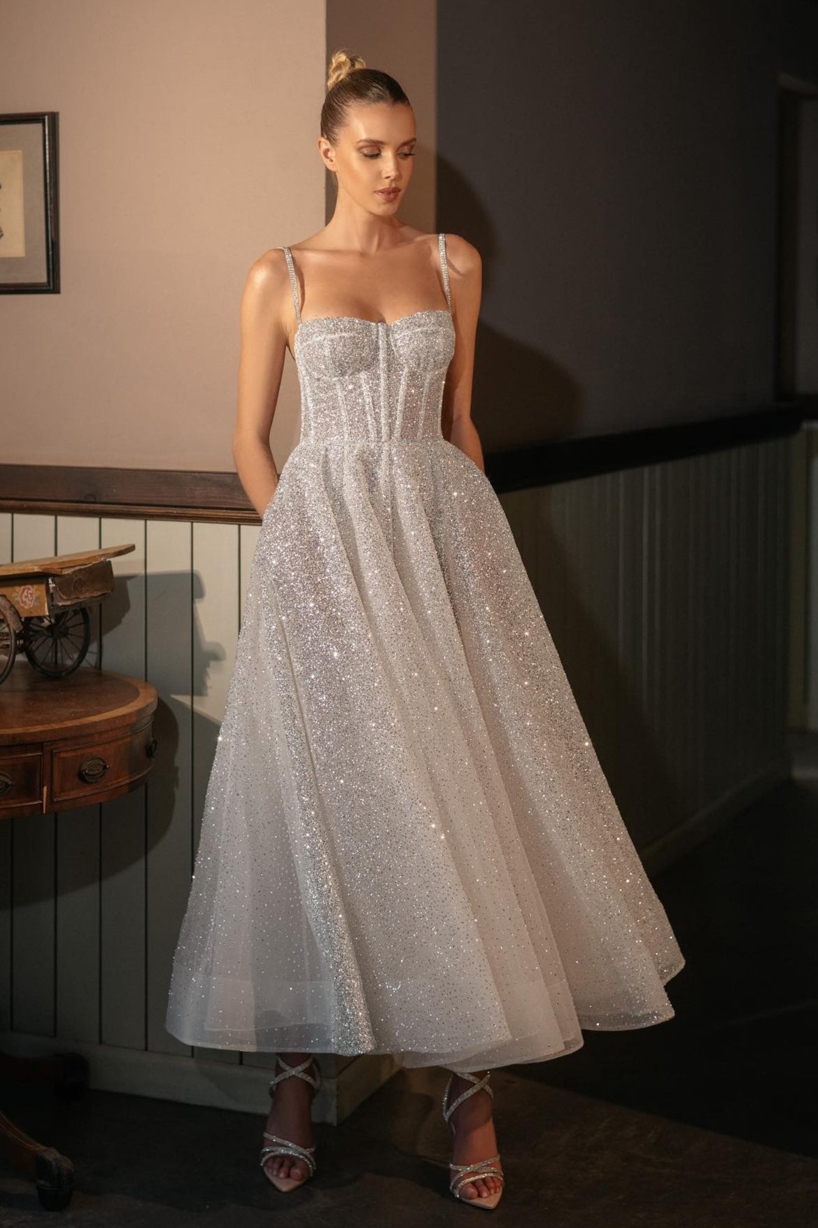 Cami Glitter Silver Boned Tulle Midi Reception Dress