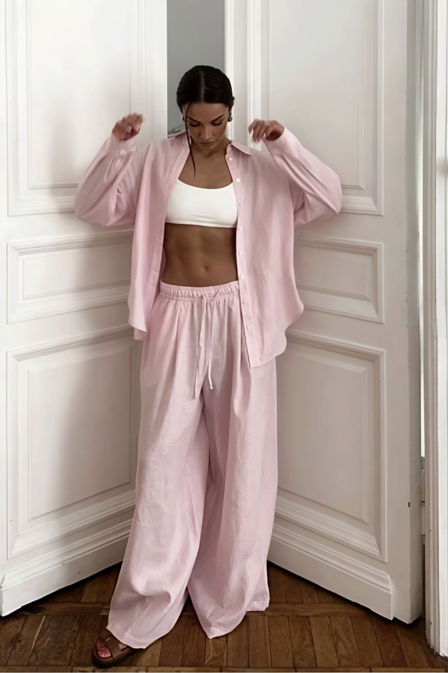 Cotton Loose Long Sleeve Shirt Pants Two Piece Set