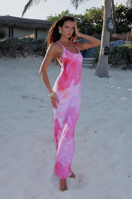 Sexy Cross-Back Floral Print Strappy Bodycon Maxi Dress