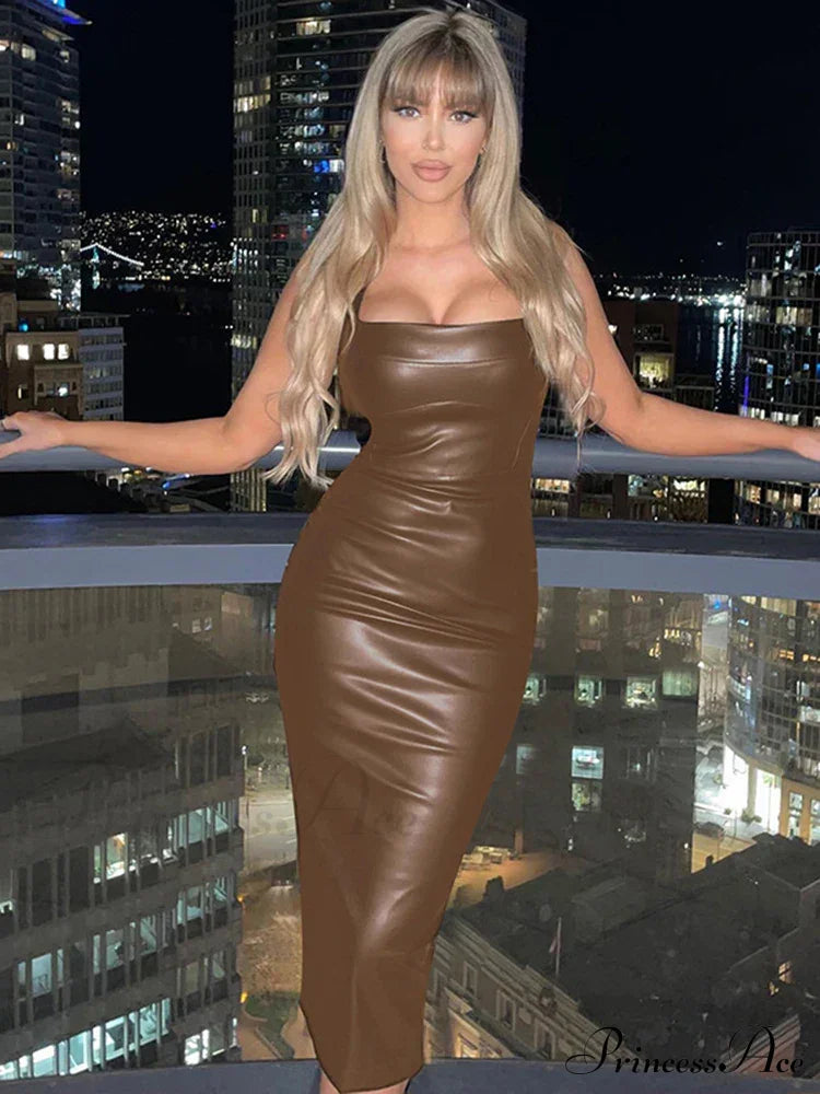 Edgy Faux PU Leather Fashion Sexy Sleeveless Backless Slit Summer Midi Dress