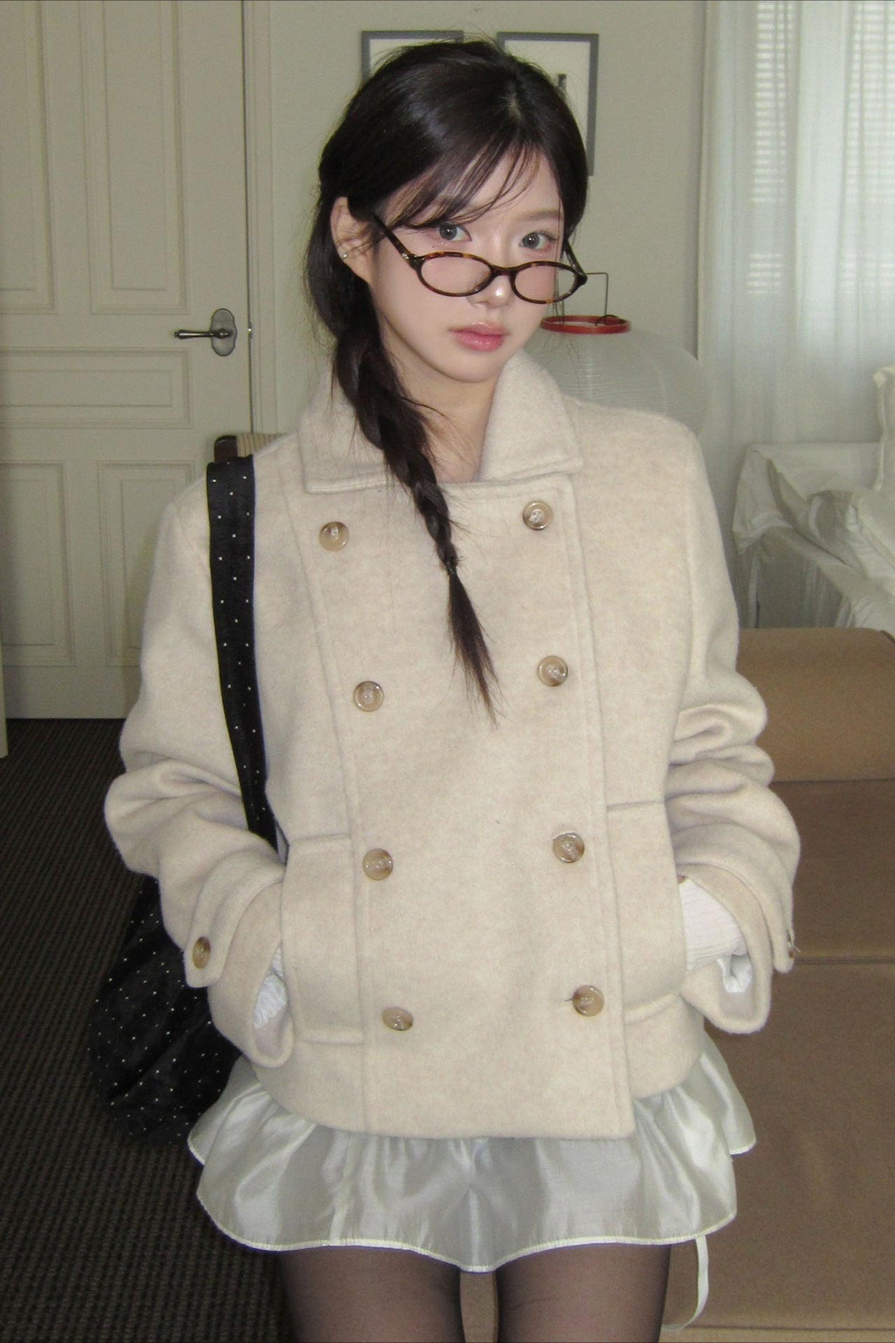 Vintage Preppy Fleece-Lined Wool Blend Short Coat