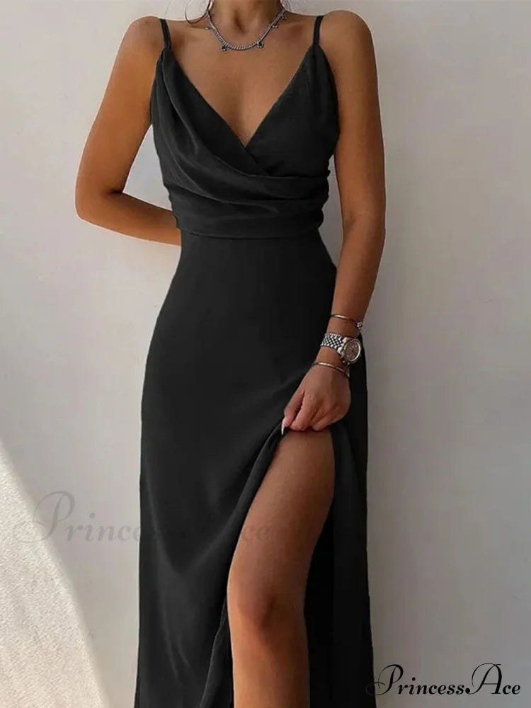 Elegant Spaghetti Strap Charming Pleated Leg Slit Dress