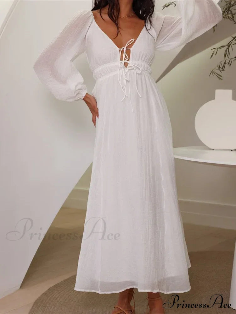 Elegant Women Mesh See Through Lantern Sleeve Deep V-neck Solid White High Waist Party Beach Vestidos