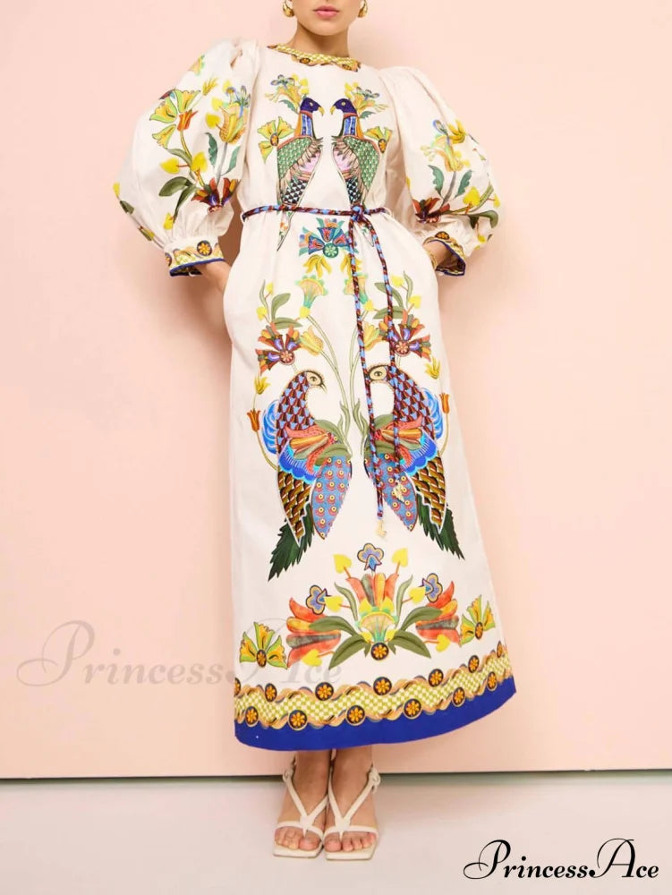 Exquisite And Fun Printed Puff Trendy Sleeves Loose Casual Midi Dress