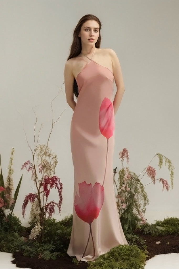 Floral Print Halter Backless High Waist Maxi Dress