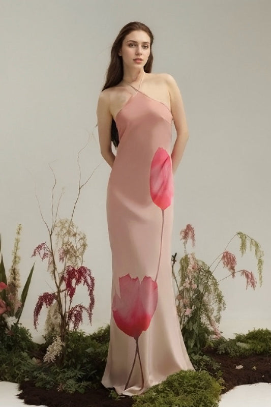 Floral Print Halter Backless High Waist Maxi Dress