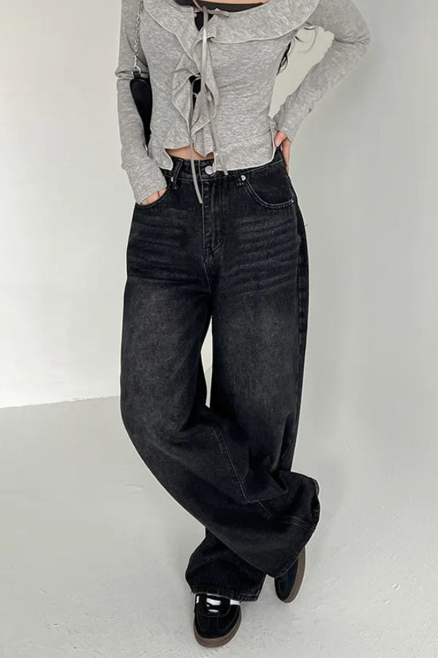 Washed Bow Print Pocket Wide Leg Jeans