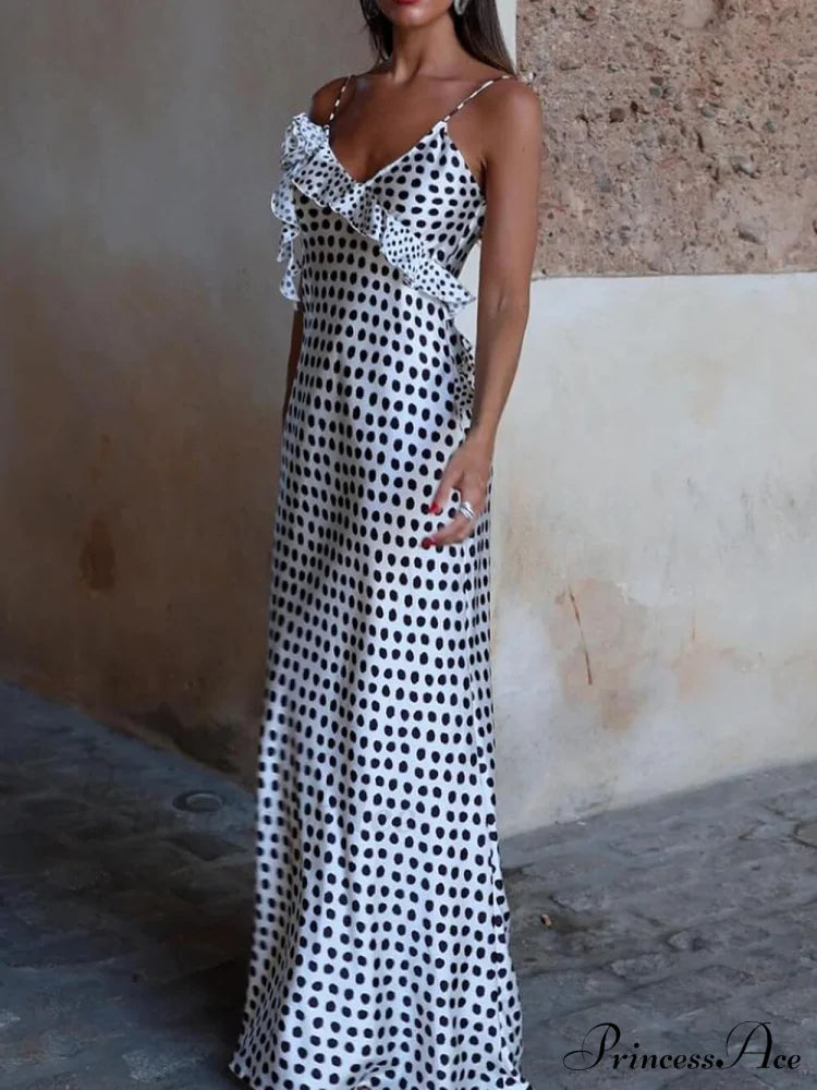 Fantasy Polka Dot Print Graceful Guipure Ruffled Suspender Maxi Dress