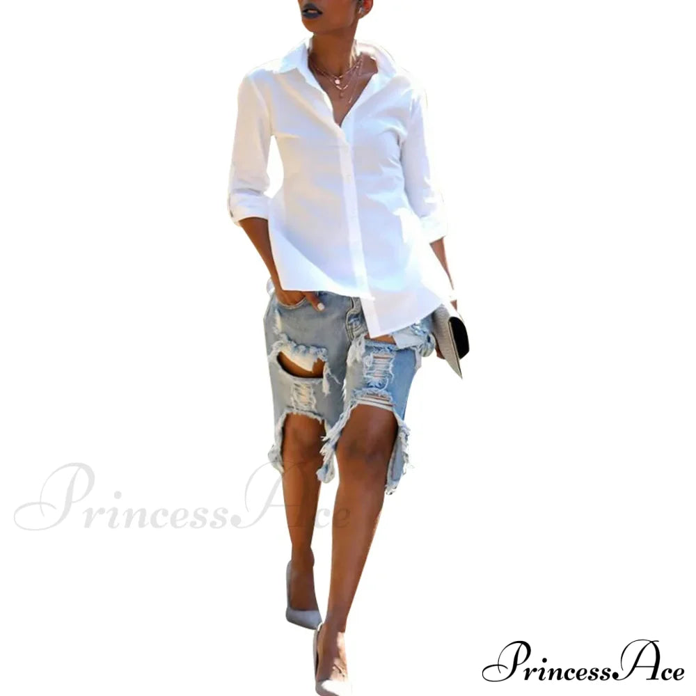 Fashion Holes Ripped Straight Denim Shorts Summer Streetwear Knee Length Women Shorts High Waist Casual Jean