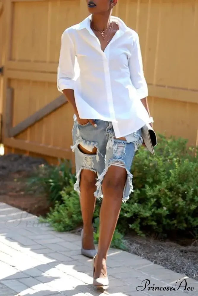 Fashion Holes Ripped Straight Denim Shorts Summer Streetwear Knee Length Women Shorts High Waist Casual Jean