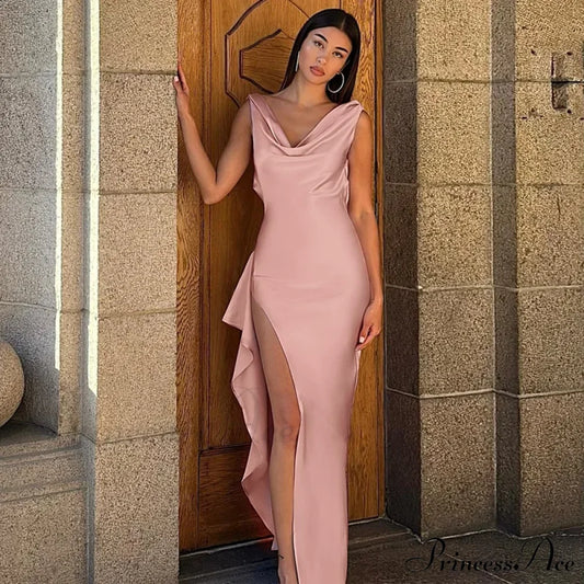Fashion Open Back Ruffle Slit Backless Maxi Dress