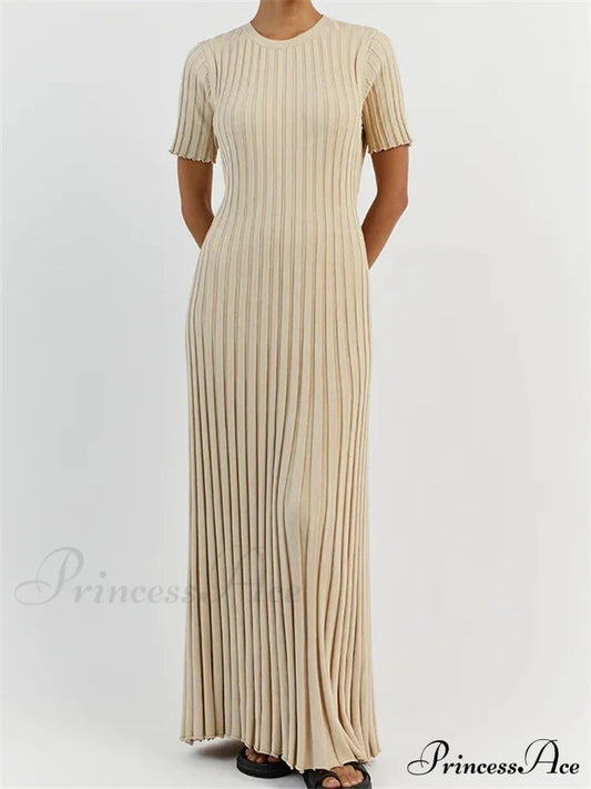 Fashion Women Solid Color Round Neck Short Sleeve Summer Tie-Up Party Ribbed Knitted Female Vestidos