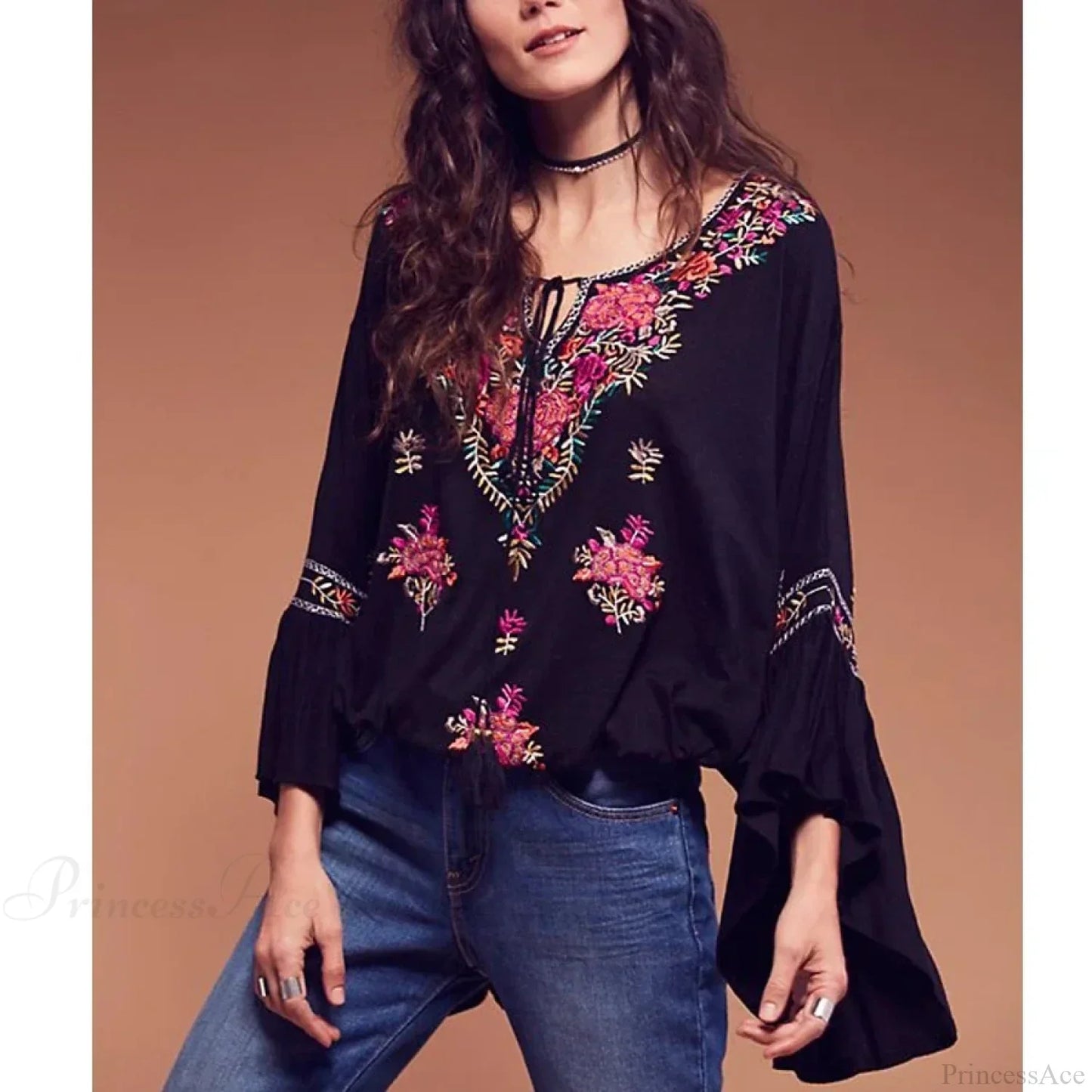 Floral Embroidered Flare Sleeve V-Neck Casual Boho Blouse