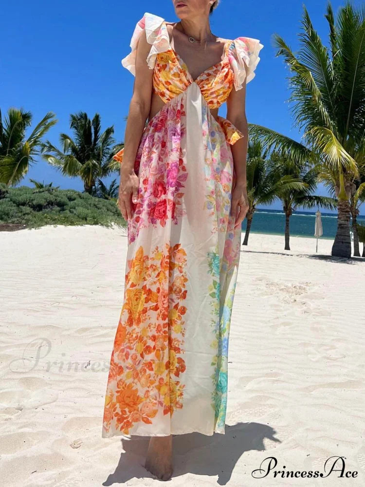 Floral Frill Cutout Charming Back Tie-Up Maxi Dress